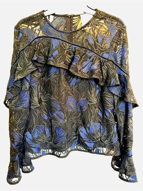 Prose & Poetry Embroidered Mesh Ruffle Blouse Floral Sheer Small Boho